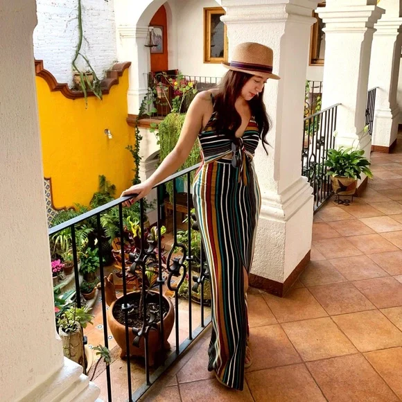 Striped Multi-Color Maxi Dress with Front Knot Detail - Picture 1 of 6